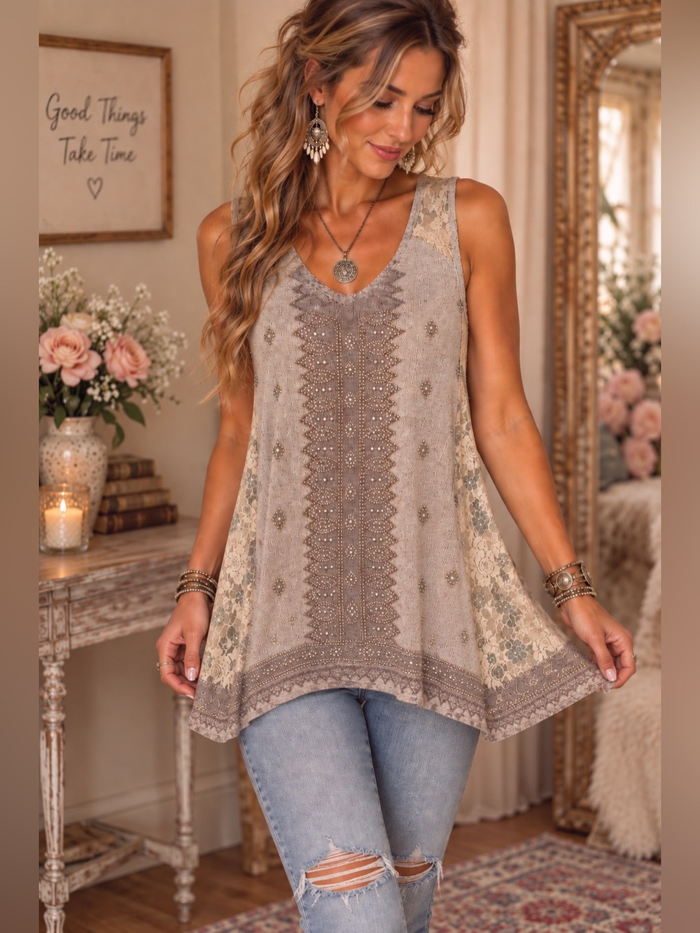 Vocal Rhinestone Lace Boho Tunic Tank Top Hi Low Made USA M